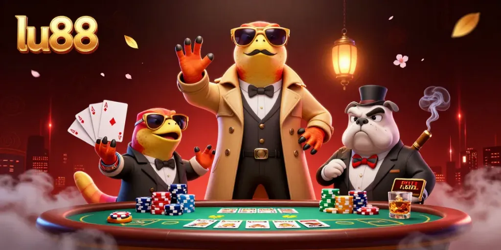lu88 raptors in trench coat attempting entry to a VIP casino lounge with poker elements