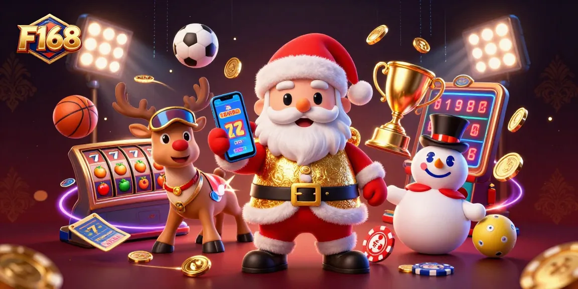 Experience F168's vibrant casino world through a playful, detailed Santa Claus and friends!