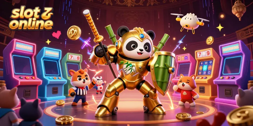Spin to win with online slots in this vibrant 3D cartoon casino scene featuring colorful characters and game elements.