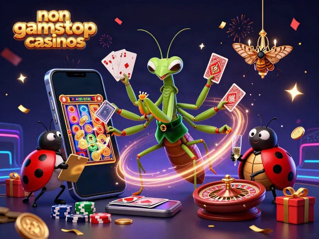 Experience thrilling action at non gamstop casinos with a vibrant 3D casino illustration featuring a giant mantis dealer and ladybug pit boss.