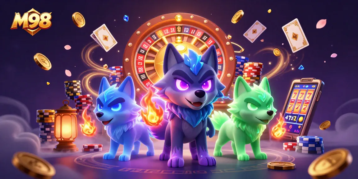 M98 showcases an interactive casino experience with a glowing wolf leader surrounded by vibrant game elements.