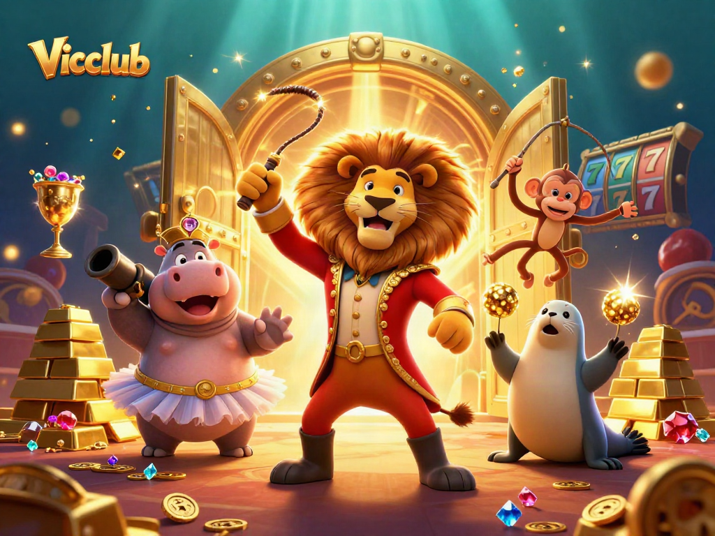 Win big with Vicclub's vibrant casino illustration featuring engaging characters and gold treasures.
