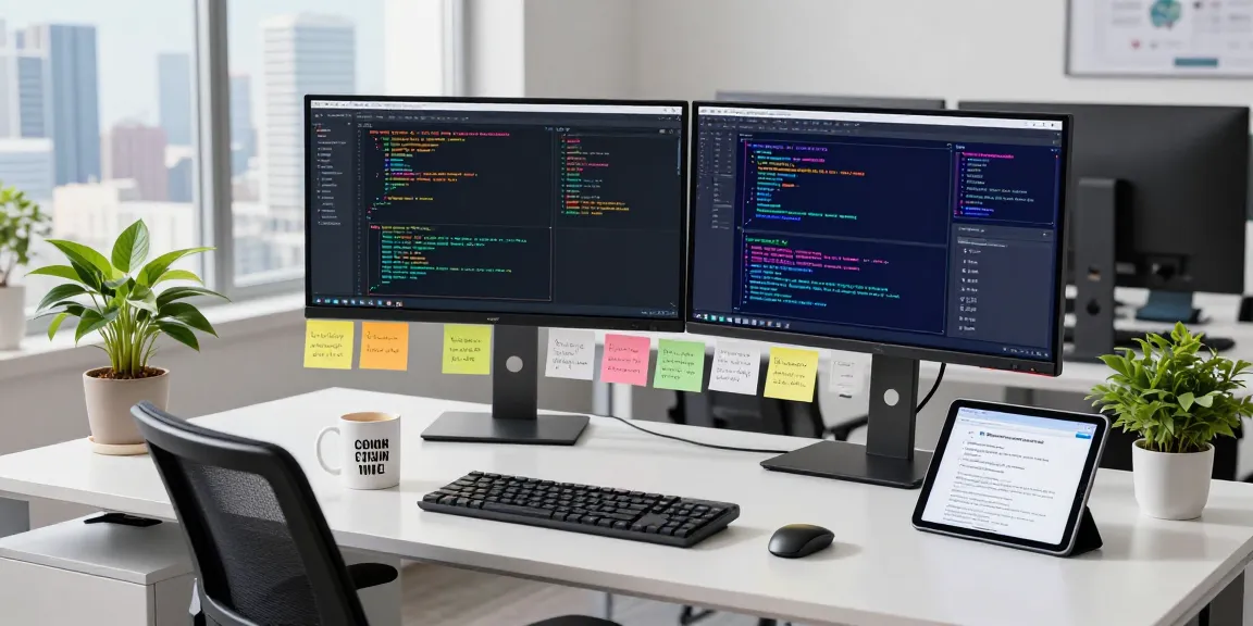 Developer exploring the best AI tools in a vibrant tech workspace filled with code and creative energy.
