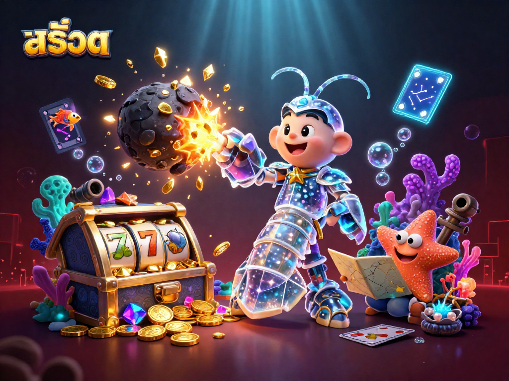 Experience thrilling สล็อต action with vibrant samurai shrimp and exploding treasure in a 3D illustration.