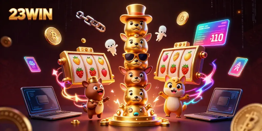 Experience the vibrant fun of slots and cryptocurrency at 23WIN with this dynamic casino illustration.