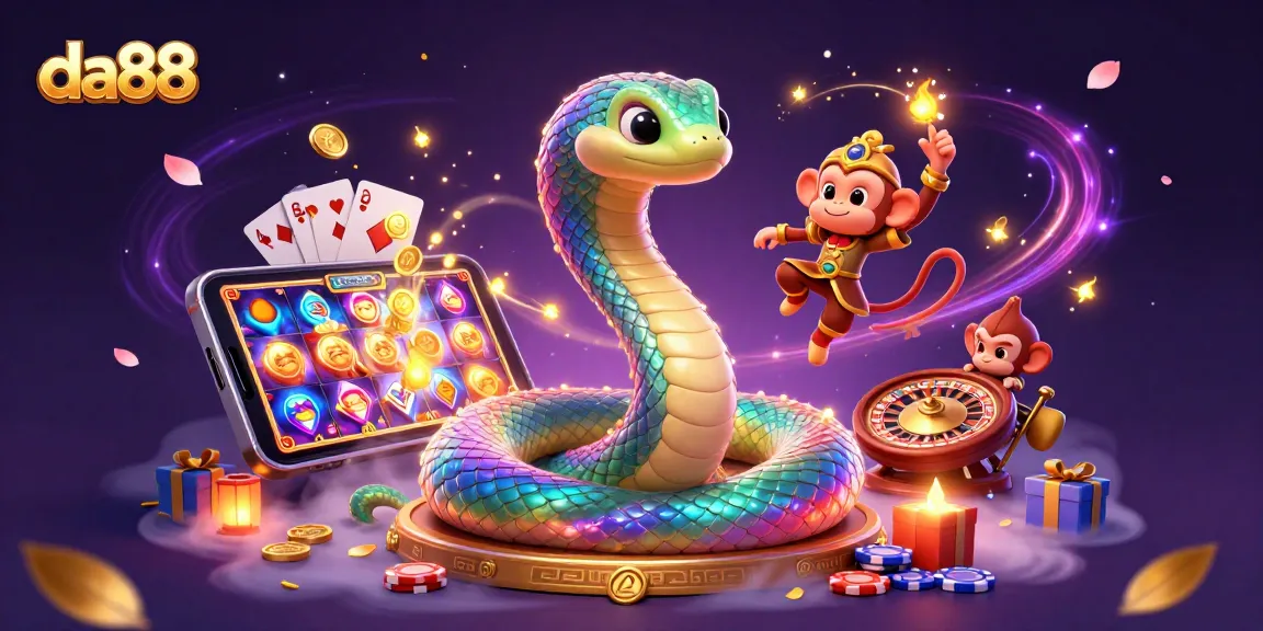 Engage with da88's vibrant casino world filled with colorful slot games, golden coins, and magic.