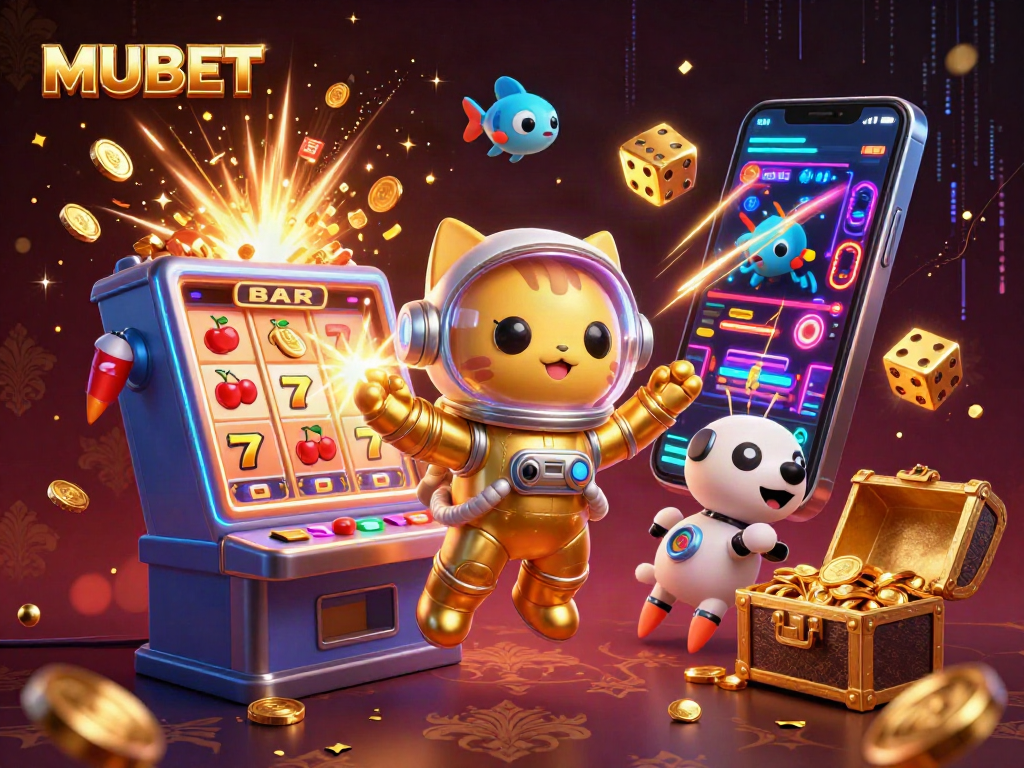 MUBET engages players with a vibrant illustration of a 3D space cat exploring casino riches.