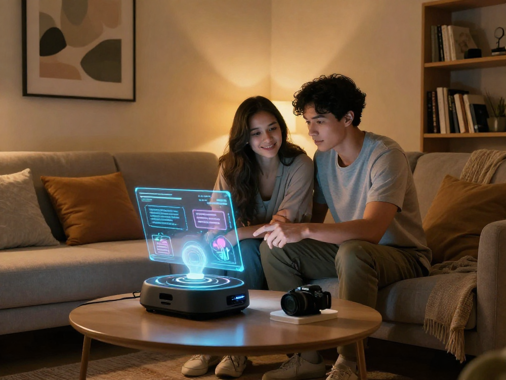 Couple interacting with AI sex device in a cozy room, exploring innovative relationships.