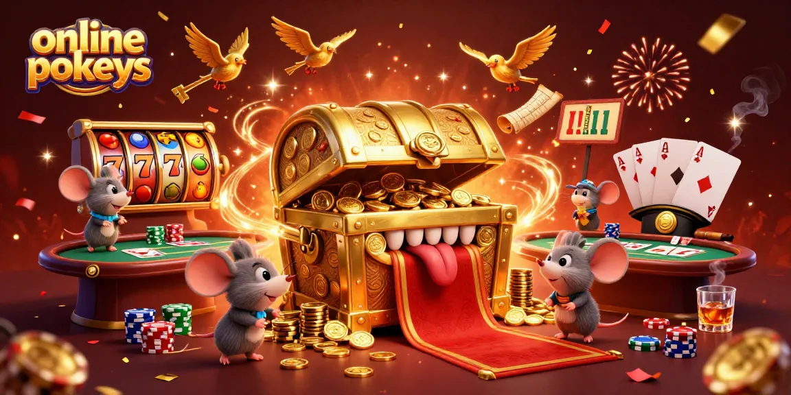 Experience online pokies excitement with a treasure chest and vibrant casino elements.
