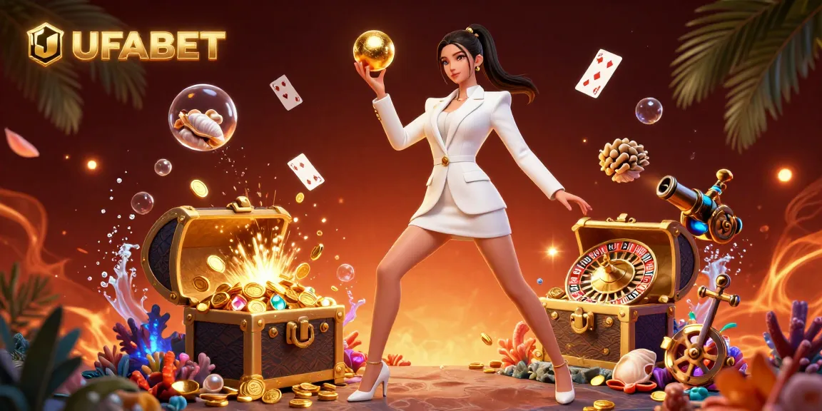 Spin the golden roulette ball at UFABET with an elegant Asian dealer amidst vibrant casino elements.