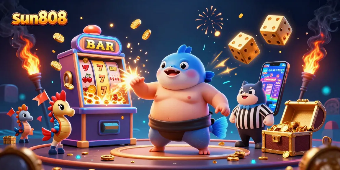 Catch winnings at sun808 with a 3D fugu and catfish referee amidst a vibrant casino underwater scene.