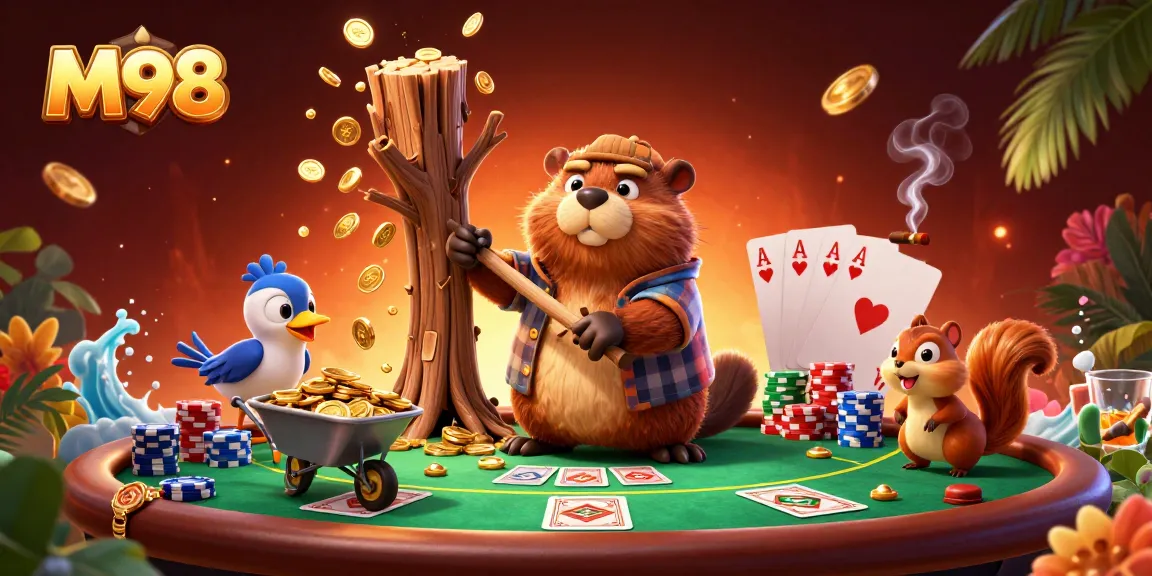 M98 engages players with a lively casino scene featuring a beaver, bird, and squirrel amidst poker elements.