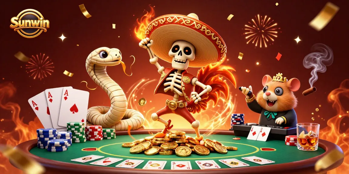 Sunwin celebrates with exciting gambling action featuring a dancing skeleton mariachi and vibrant casino elements.